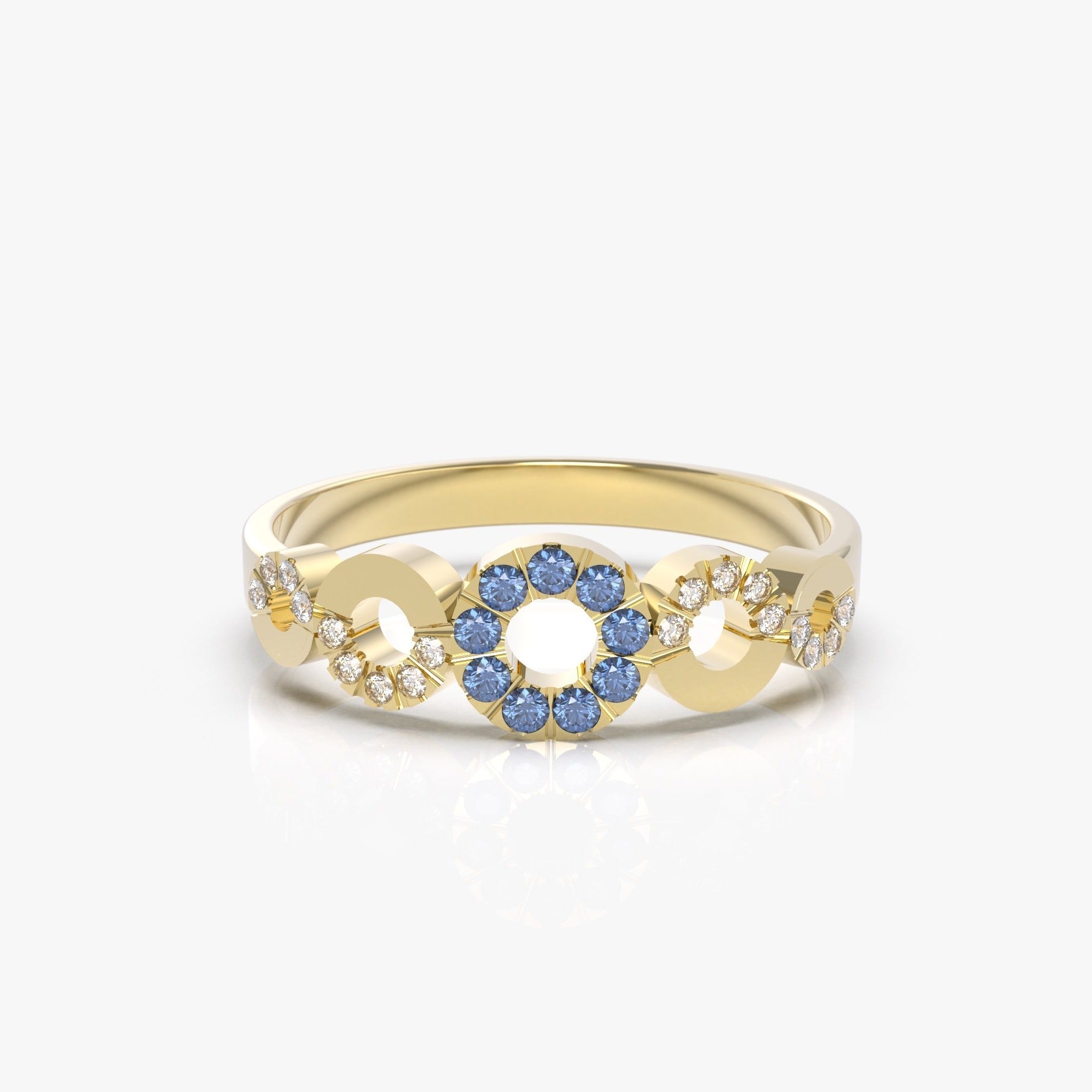 טבעת המעגלים עם ספיר כחול ויהלומים
