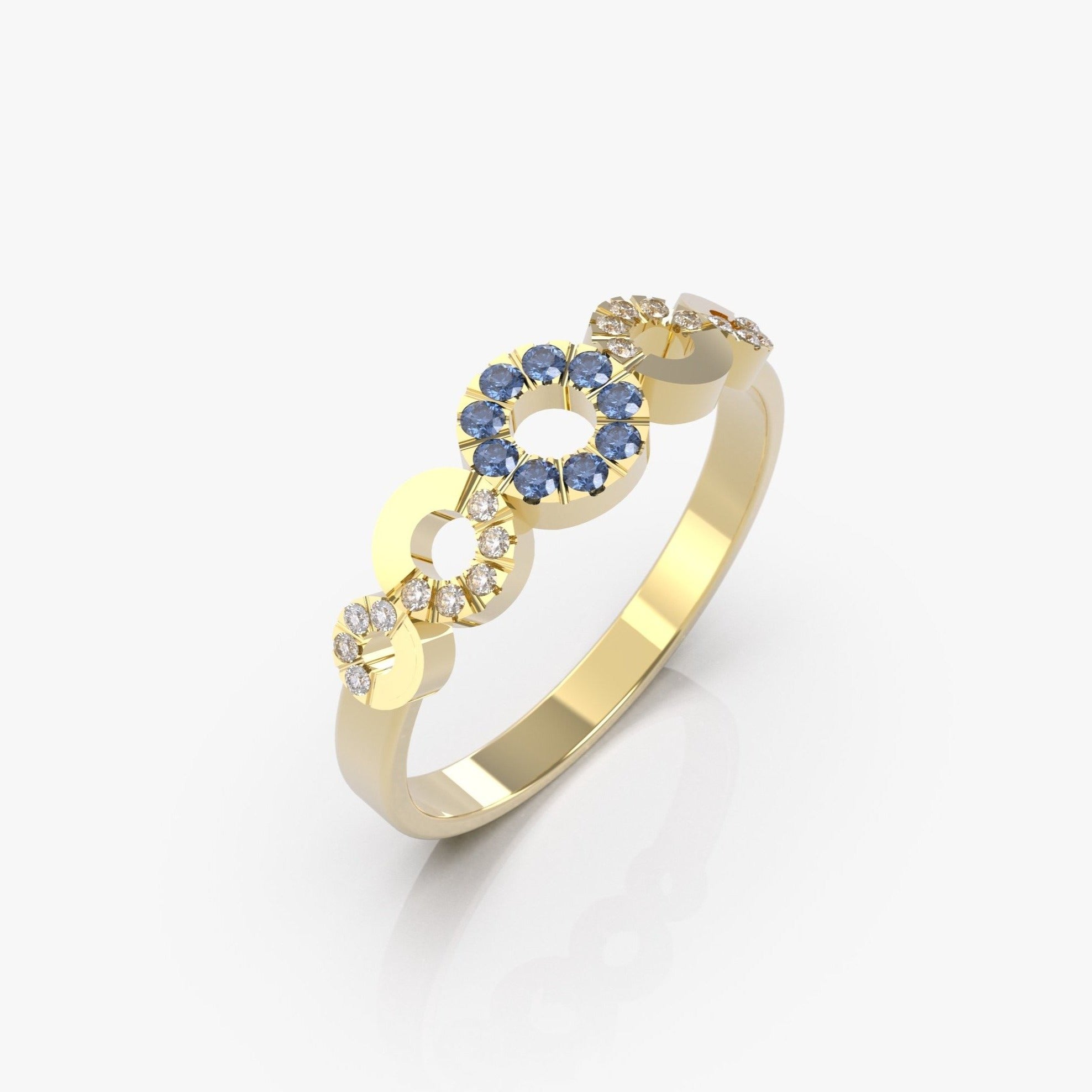 טבעת המעגלים עם ספיר כחול ויהלומים