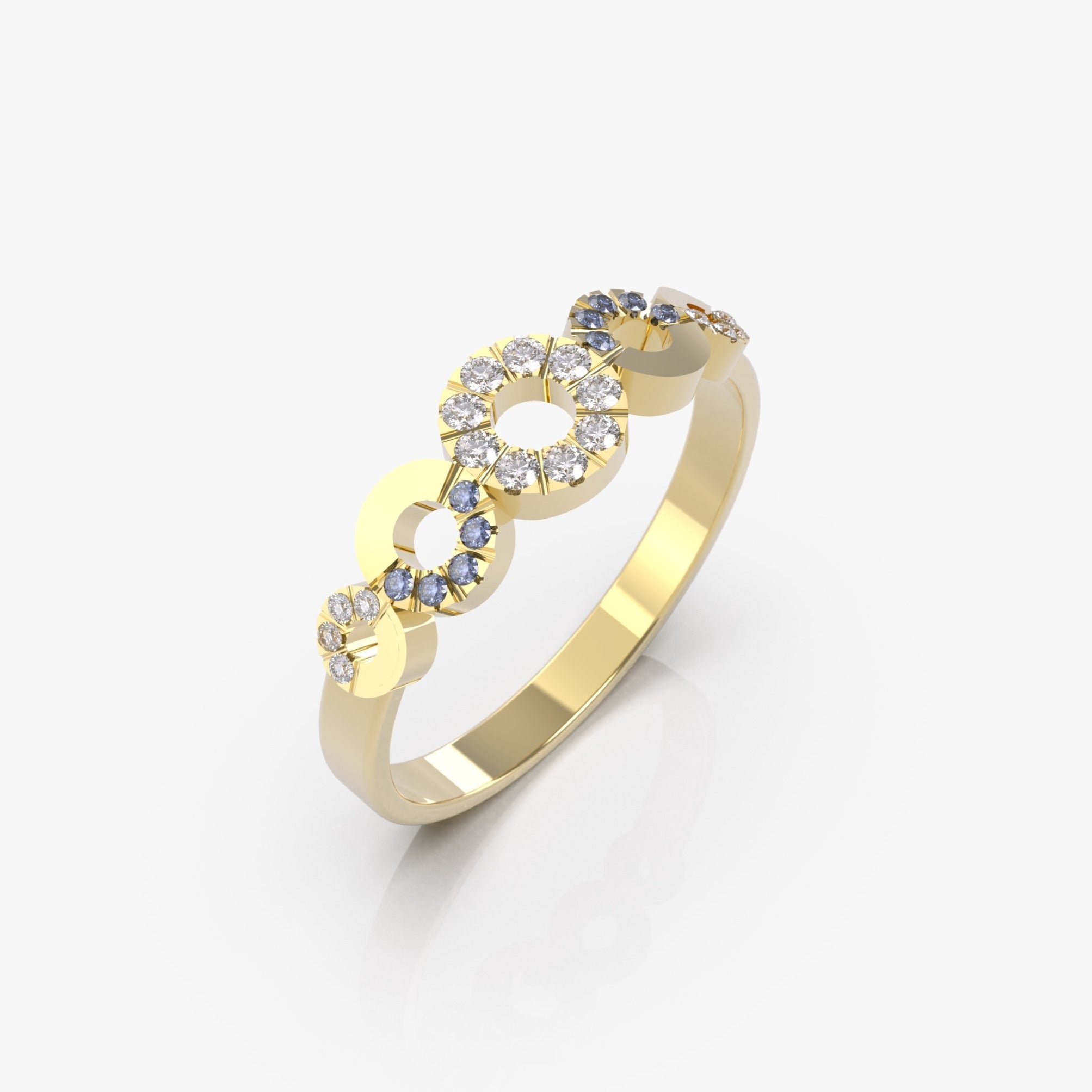 טבעת המעגלים עם ספיר כחול ויהלומים