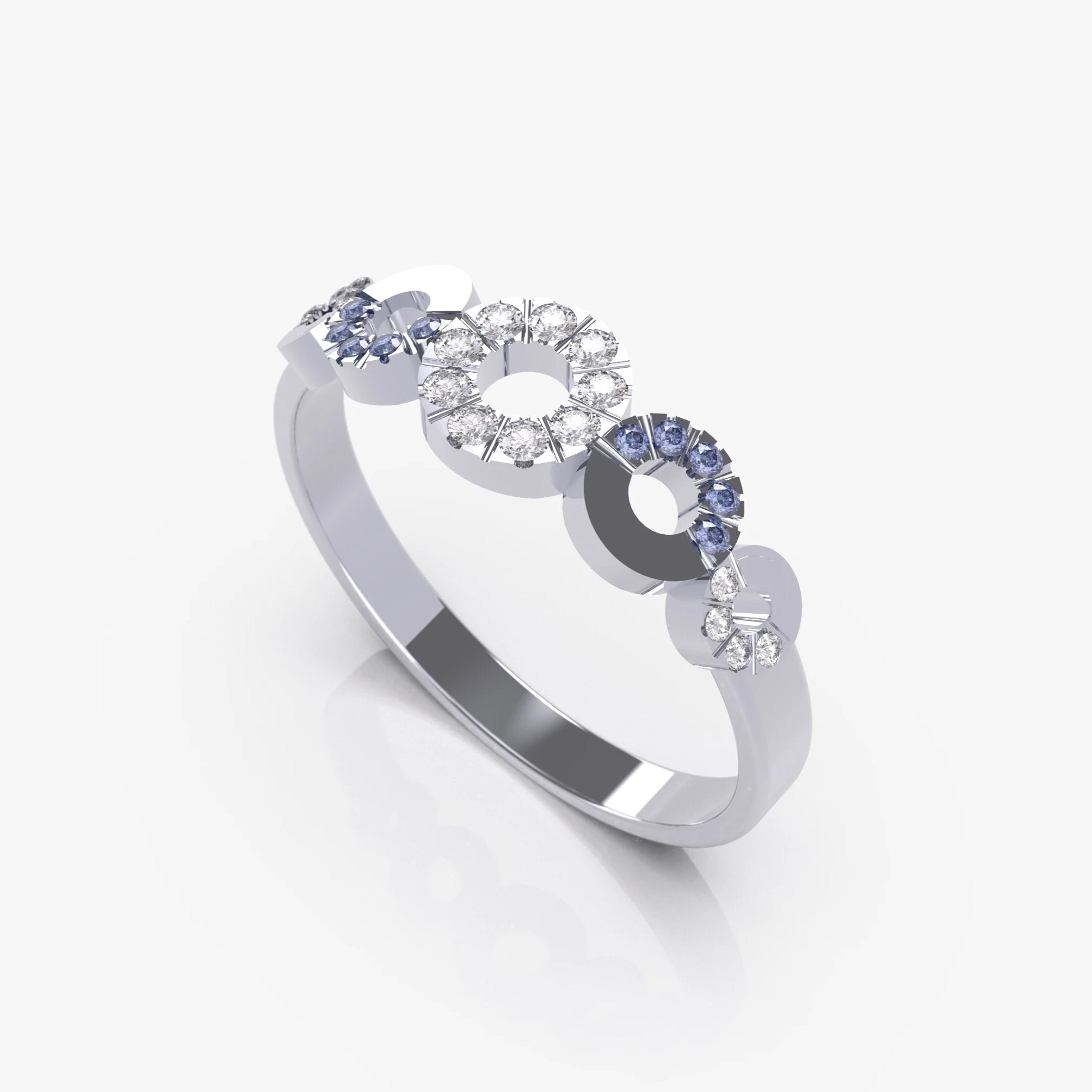 טבעת המעגלים עם ספיר כחול ויהלומים