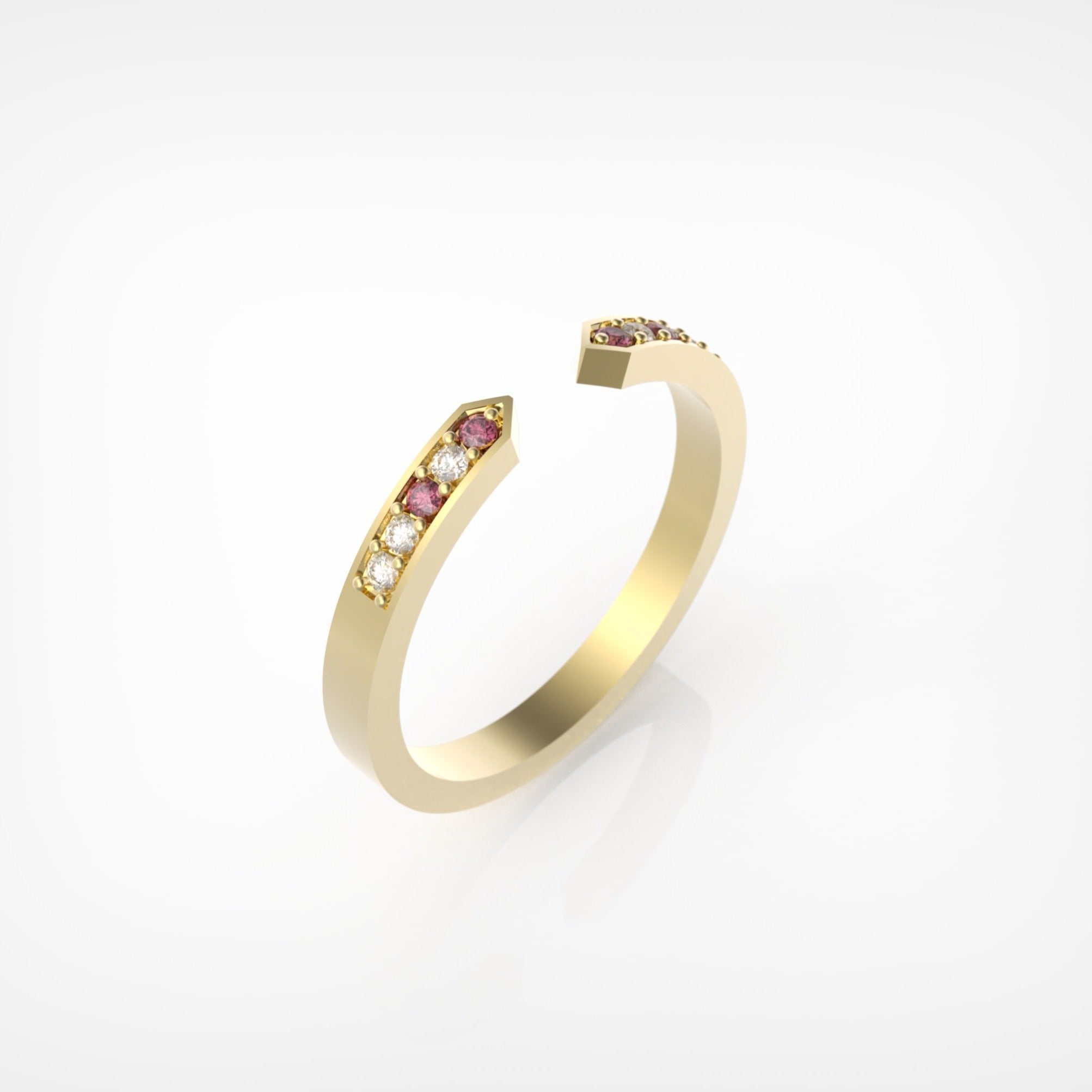 טבעת גאומטרית פתוחה עם רובי ויהלומים