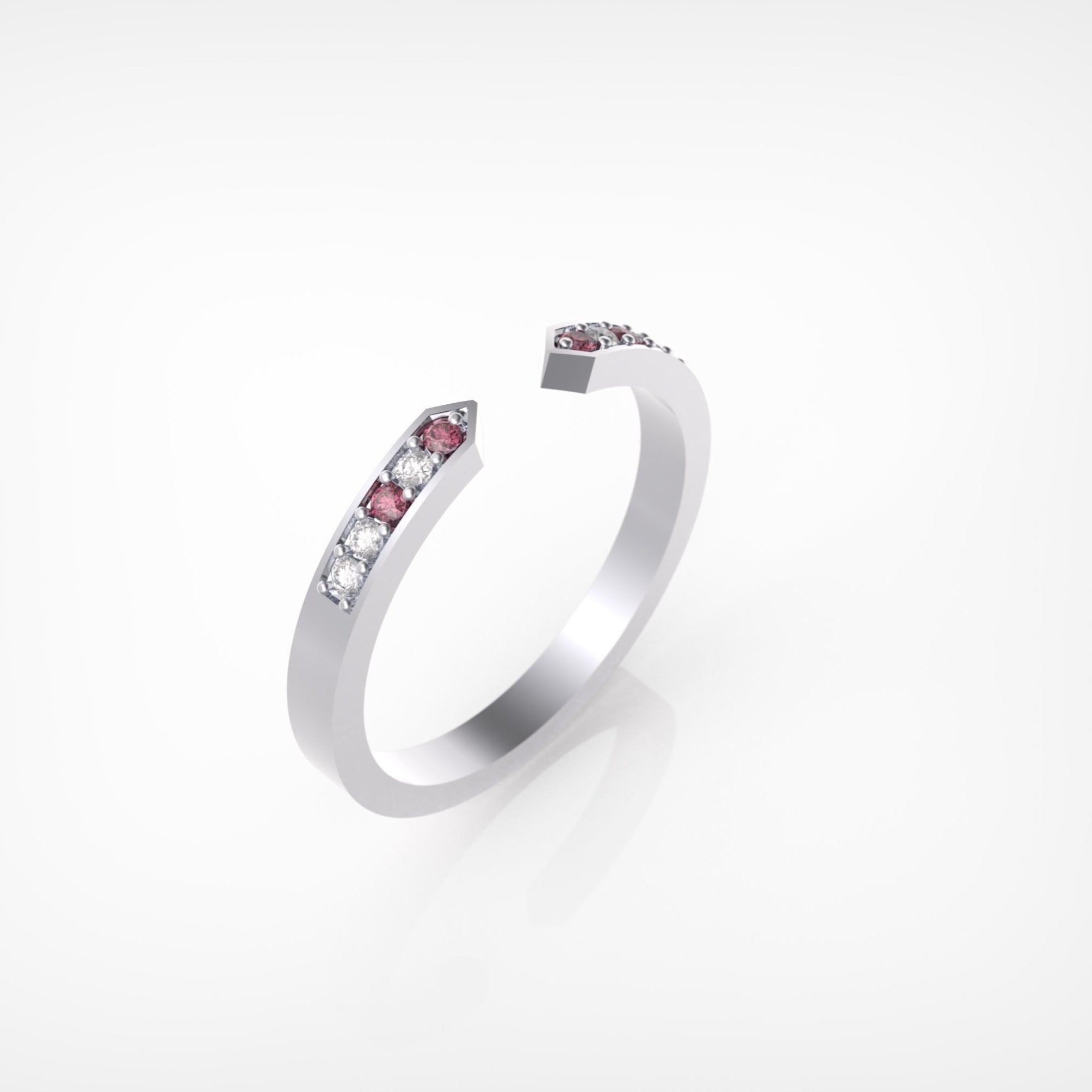 טבעת גאומטרית פתוחה עם רובי ויהלומים