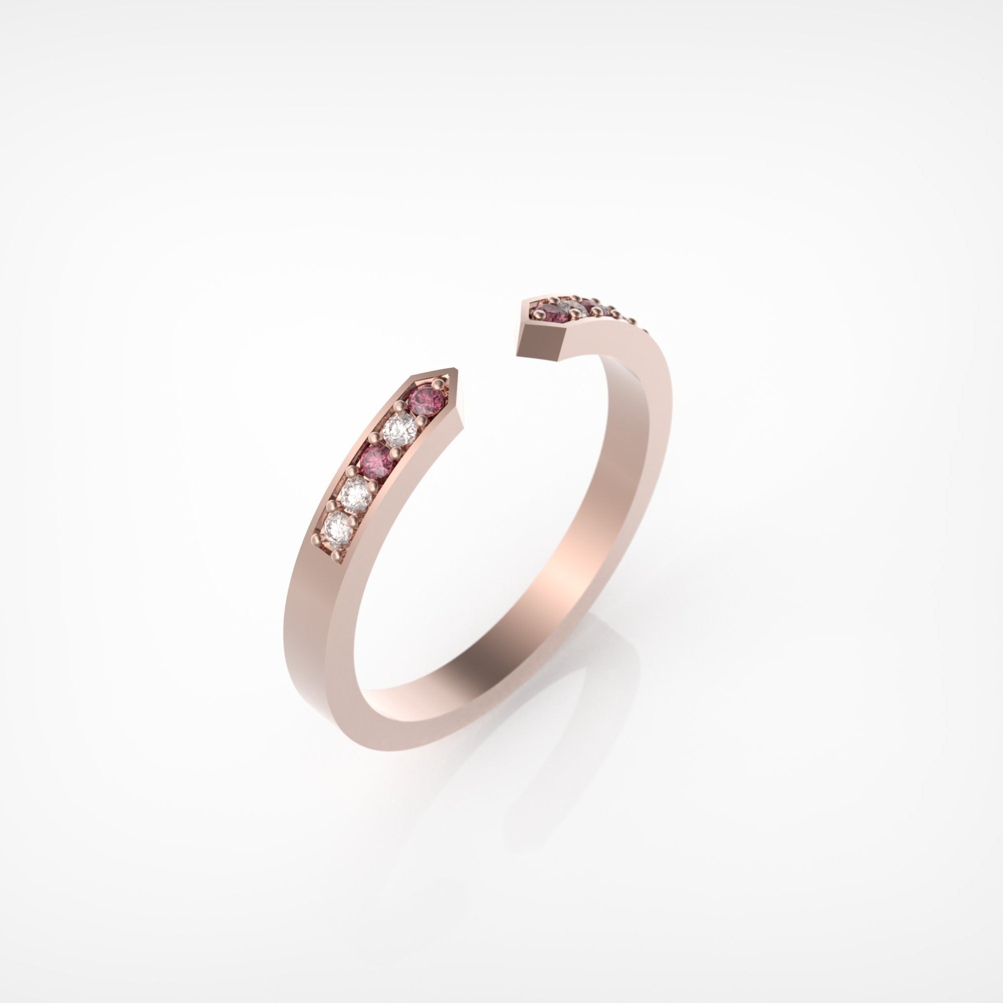 טבעת גאומטרית פתוחה עם רובי ויהלומים