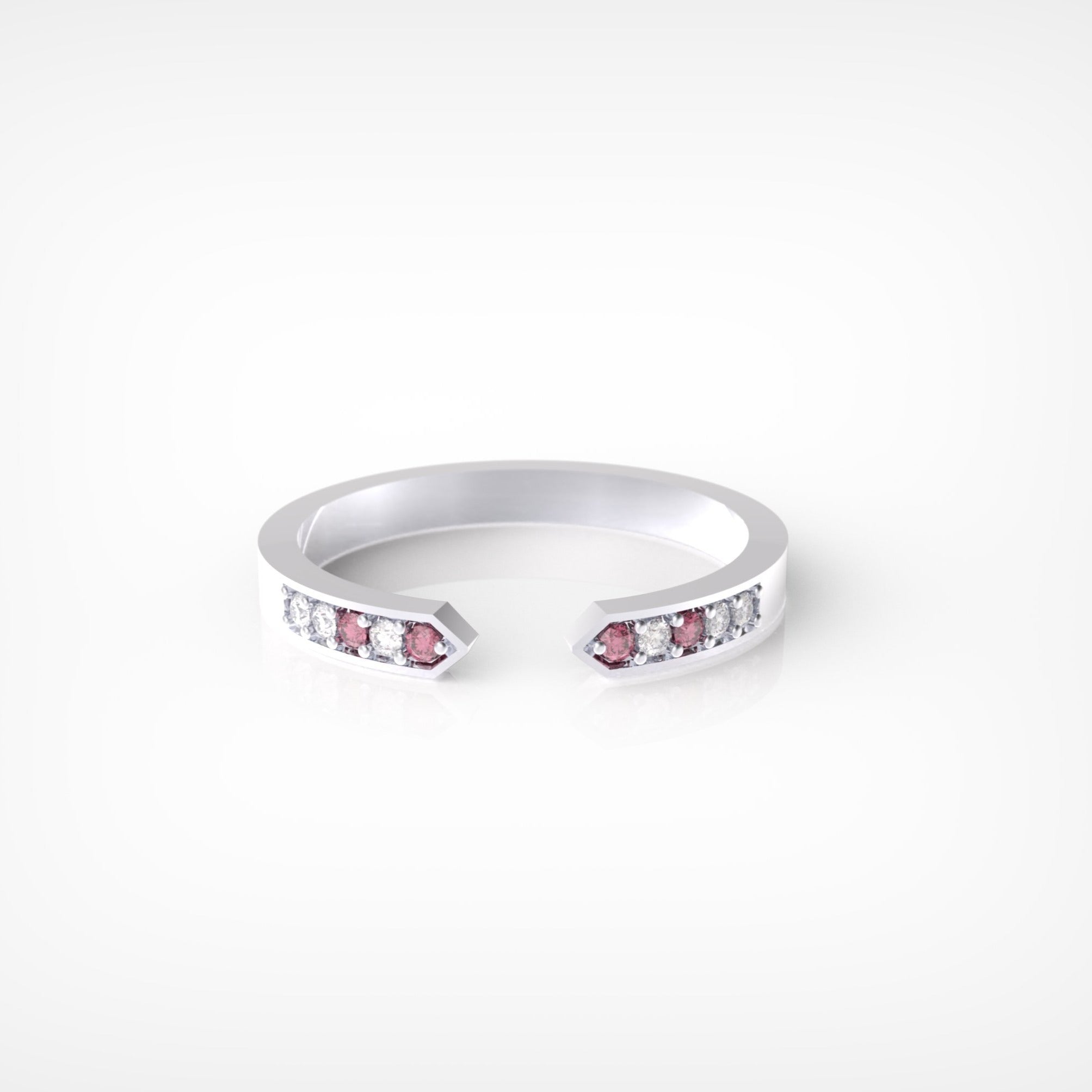 טבעת גאומטרית פתוחה עם רובי ויהלומים